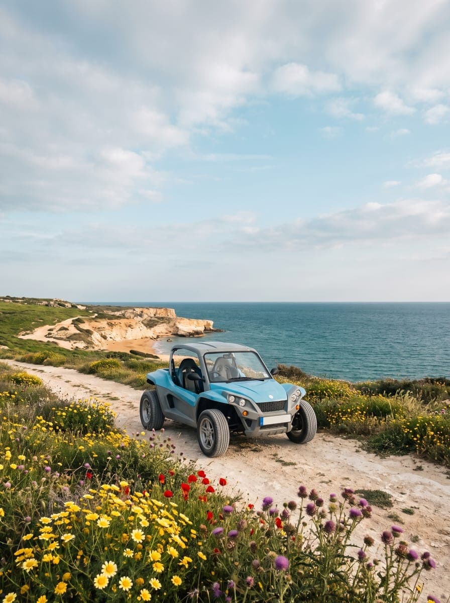 Buggy parked on a green headland track above the sea, wild flowers in front